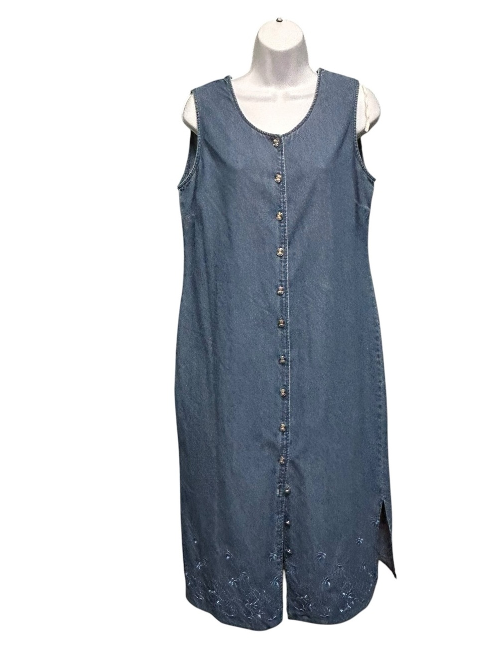 Cleo Denim Button Front Dress Size 12 Embroidered Hem Sleeveless Cotton